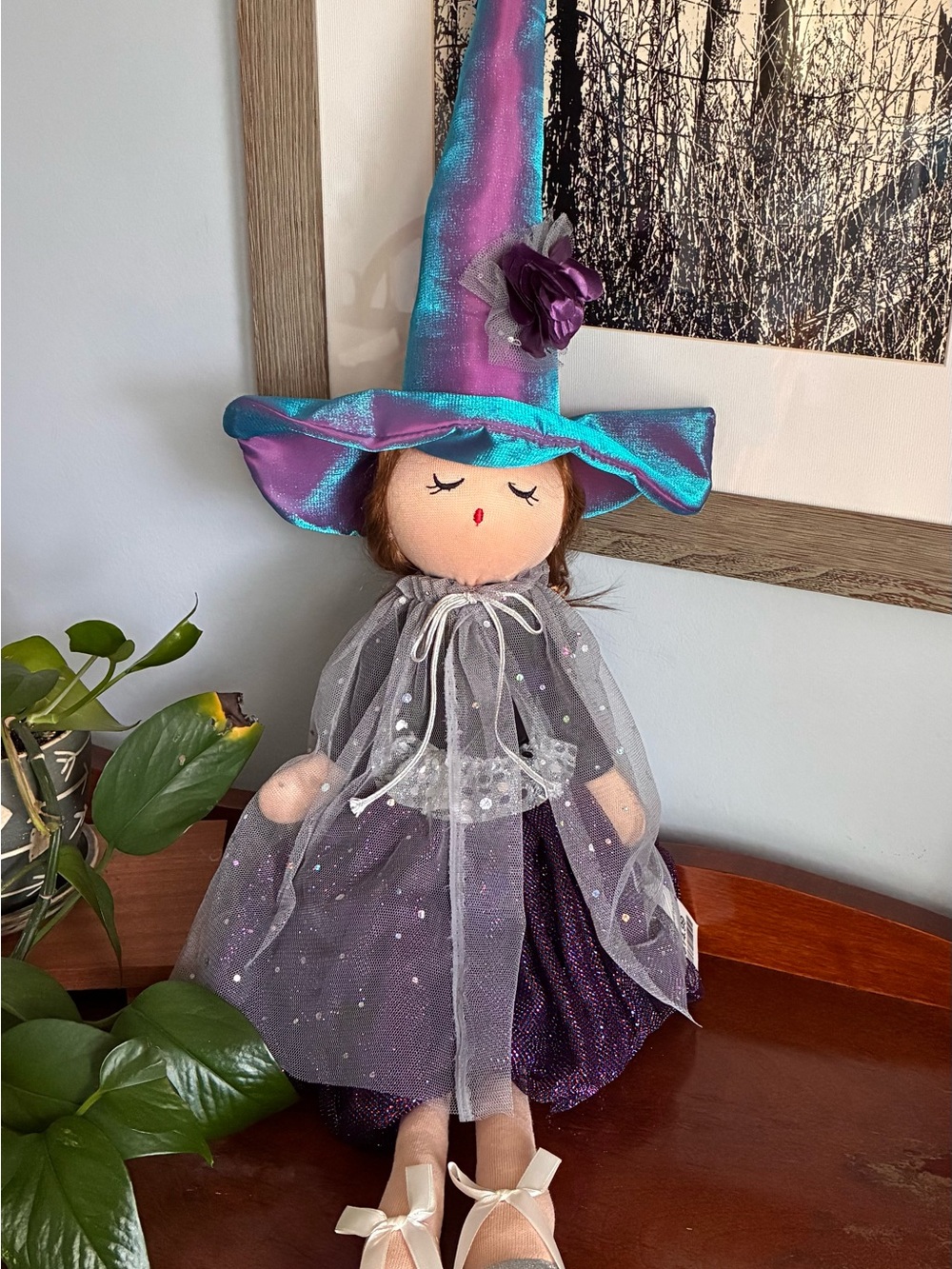 Halloween Plush Witch Doll/Decoration in Purple & Teal Costume 31 inches